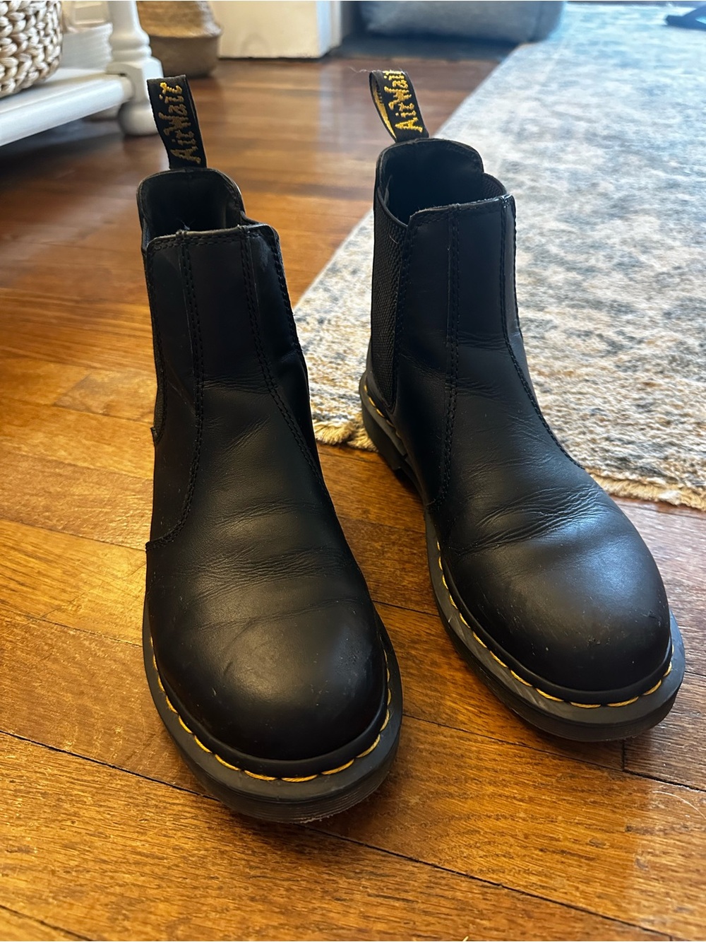 Dr. Martens Black Leather Chelsea Ankle Boots with Yellow Stitching